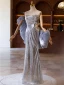 Scintillantes Argenté Gris Paillettes Robe De Bal 2024 Trompette / Sirène Bustier Manches Courtes Dos Nu Longue Promo Robe De Ceremonie