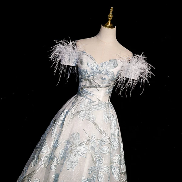 Fashion Sky Blue Printing Prom Dresses 2023 A-Line / Princess Off-The-Shoulder Tassel Short Sleeve Backless Floor-Length / Long Prom Formal Dresses