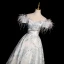 Fashion Sky Blue Printing Prom Dresses 2023 A-Line / Princess Off-The-Shoulder Tassel Short Sleeve Backless Floor-Length / Long Prom Formal Dresses