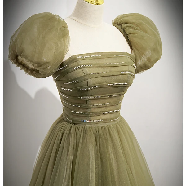 Modest / Simple Clover Green Pearl Sequins Prom Dresses 2022 A-Line / Princess Strapless Short Sleeve Backless Floor-Length / Long Prom Formal Dresses