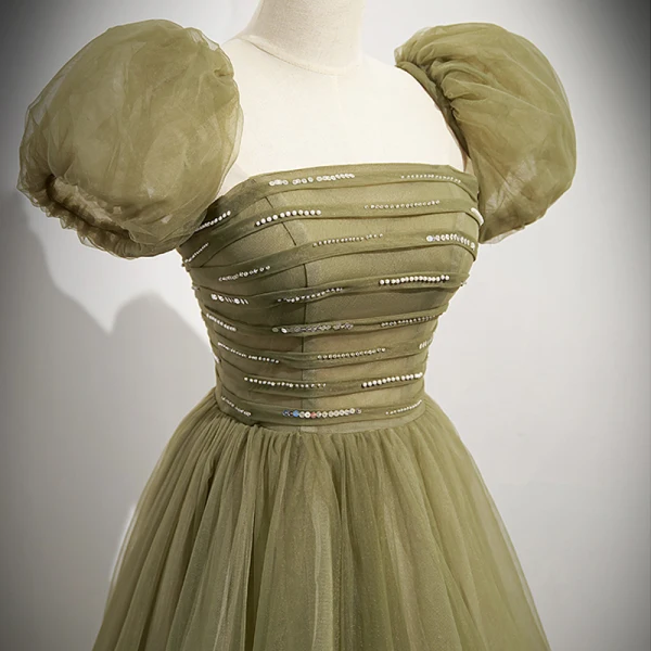 Chic / Beautiful Clover Green Pearl Sequins Prom Dresses 2023 A-Line / Princess Strapless Short Sleeve Backless Bow Floor-Length / Long Prom Formal Dresses