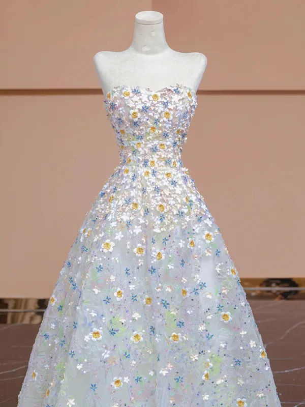 Flower Fairy White Lace Flower Appliques Prom Dresses 2024 A-Line / Princess Strapless Sleeveless Backless Floor-Length / Long Prom Formal Dresses