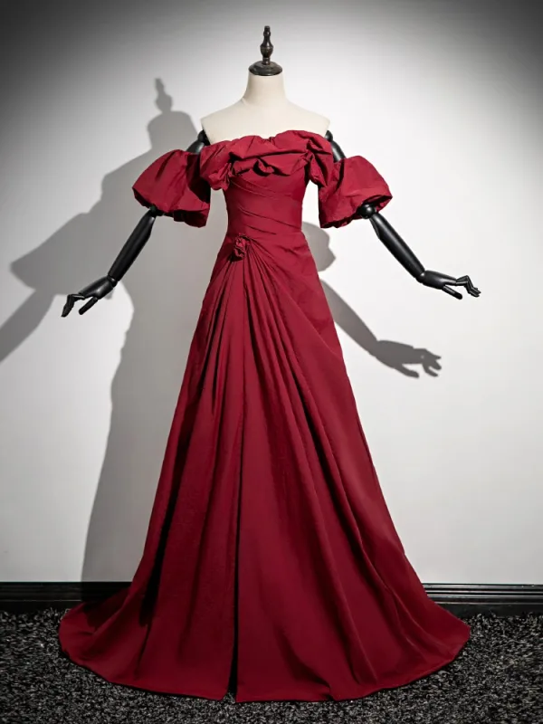 Fashion Burgundy Split Front Prom Dresses 2024 A-Line / Princess Strapless Sleeveless Backless Sweep Train Prom Formal Dresses