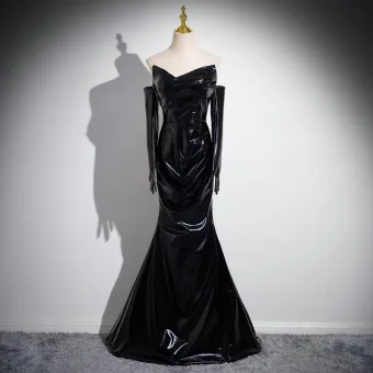 Fashion Black Trumpet Mermaid Evening Dresses 2024 Off The Shoulder Short Sleeve Backless Floor Length Long Evening Party Formal Dresses
