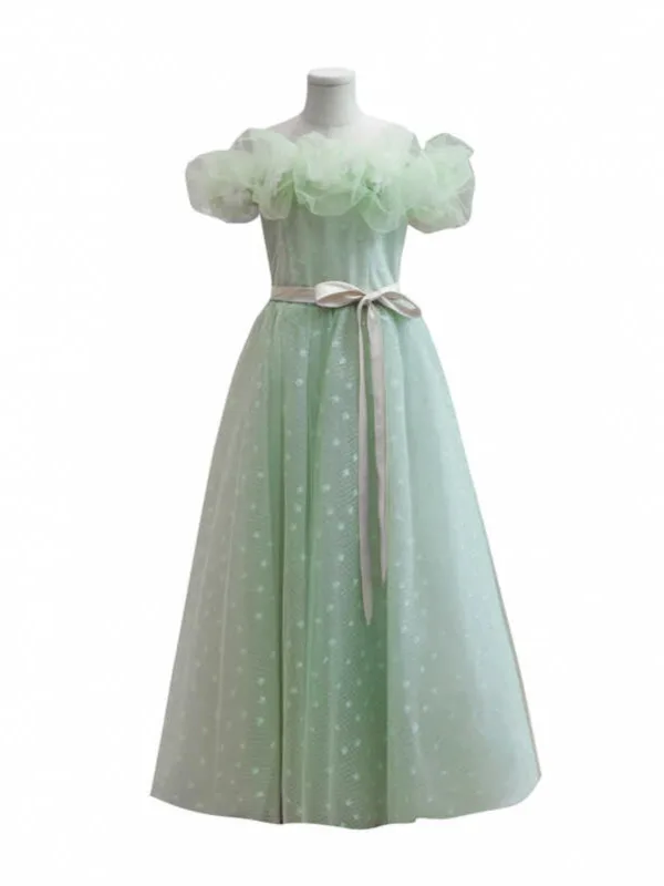 Simple Vert Cendré Paillettes Anniversaire Robe Ceremonie Fille 2024 Princesse Encolure Dégagée Volants Manches Courtes Noeud Ceinture Dos Nu Longue