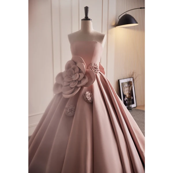 Vintage / Retro Dusky Pink Satin Prom Dresses 2023 Ball Gown Strapless Sleeveless Backless Bow Appliques Floor-Length / Long Prom Formal Dresses