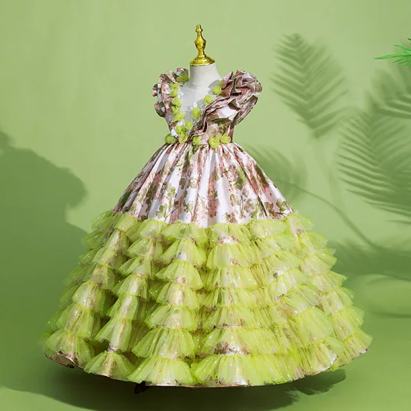 Unusual Lime Green Cascading Ruffles Birthday Flower Girl Dresses 2022 Ball Gown Scoop Neck Appliques Sequins Sleeveless Backless Floor-Length / Long Flower Girl Dresses