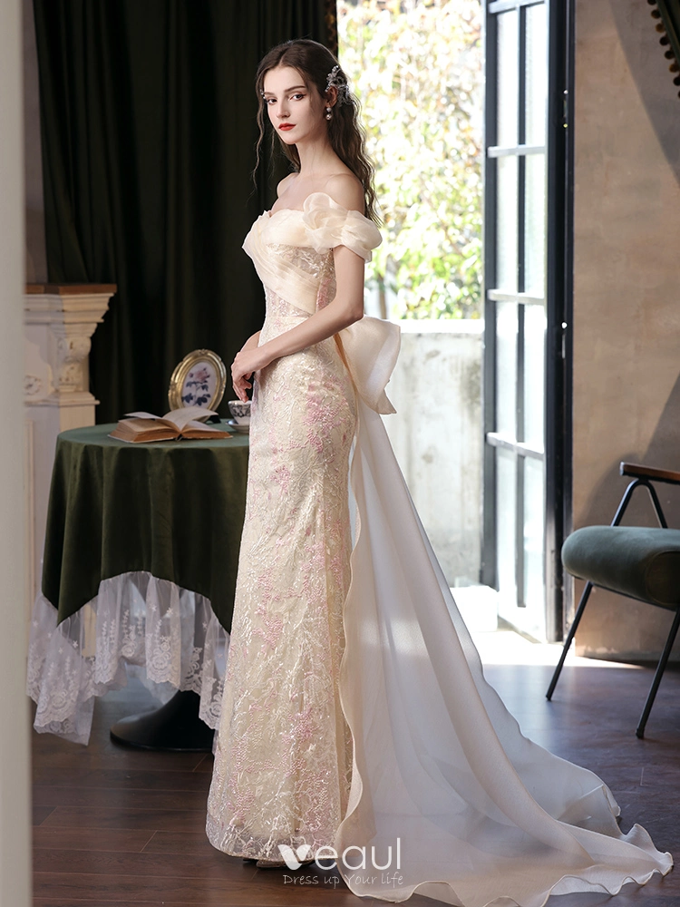 Flower Trumpet Mermaid Champagne Sequin Backless Prom Dress Flower Trumpet Mermaid Champagne Sequin Backless Prom Dress