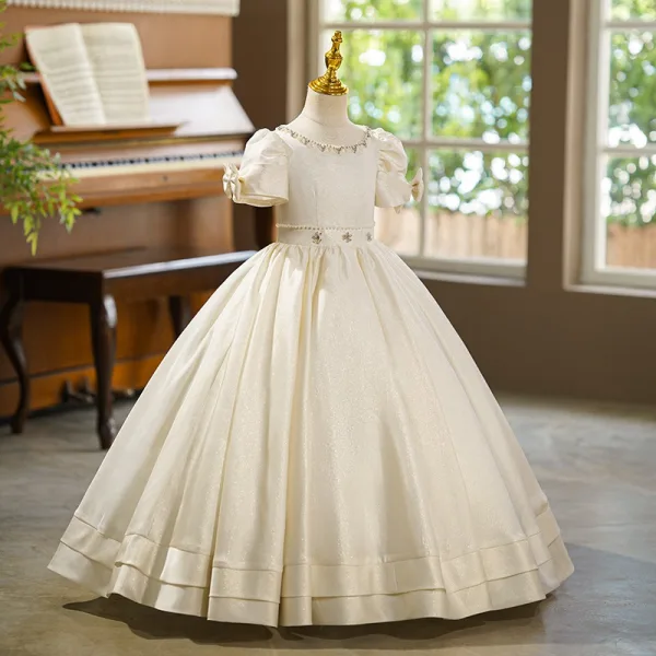 Elegant Ivory Pearl Rhinestone Birthday Flower Girl Dresses 2025 Ball Gown Scoop Neck Puffy Short Sleeve Floor-Length / Long