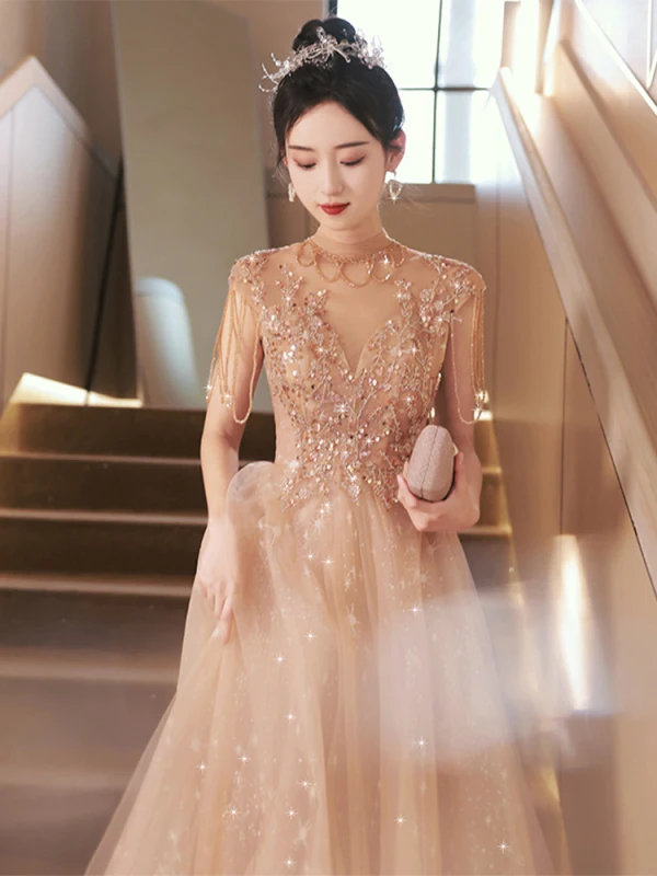 Charming Champagne Beading Tassel Sequins Evening Dresses 2023 A-Line / Princess Scoop Neck Backless Short Sleeve Floor-Length / Long Evening Party Formal Dresses