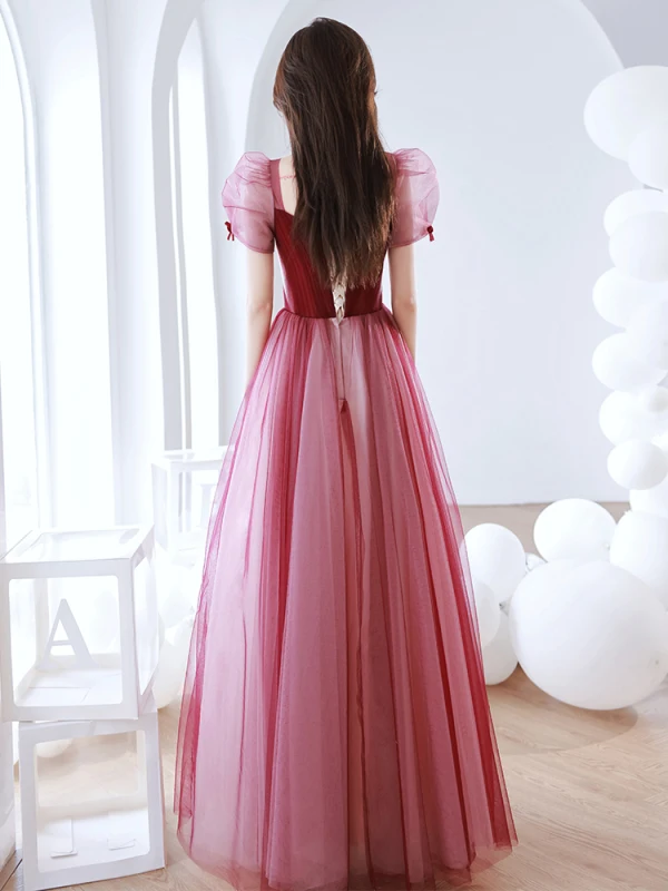 Chic / Beautiful Burgundy Prom Dresses 2022 A-Line / Princess Square Neckline Puffy Short Sleeve Backless Floor-Length / Long Formal Dresses