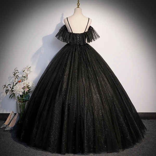 Bling Bling Noire Paillettes Robe De Bal 2023 Robe Boule Bretelles Spaghetti Manches Courtes Dos Nu Longue Promo Robe De Ceremonie