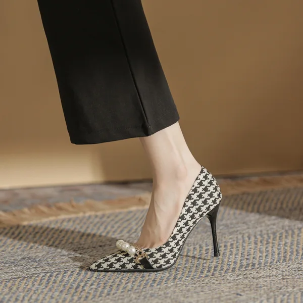 Fashion Black Plaid Evening Party Pumps 2022 Pearl 7 cm Stiletto Heels Pointed Toe Pumps High Heels