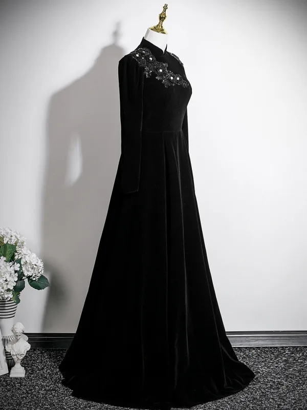 Chinese style Black Pearl Lace Flower Velvet Evening Dresses 2025 A-Line / Princess High Neck Long Sleeve Backless Floor-Length / Long Evening Party Formal Dresses