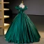 Vintage / Retro Dark Green Beading Prom Dresses 2023 Ball Gown Scoop Neck Puffy Short Sleeve Bow Floor-Length / Long Satin Prom Formal Dresses