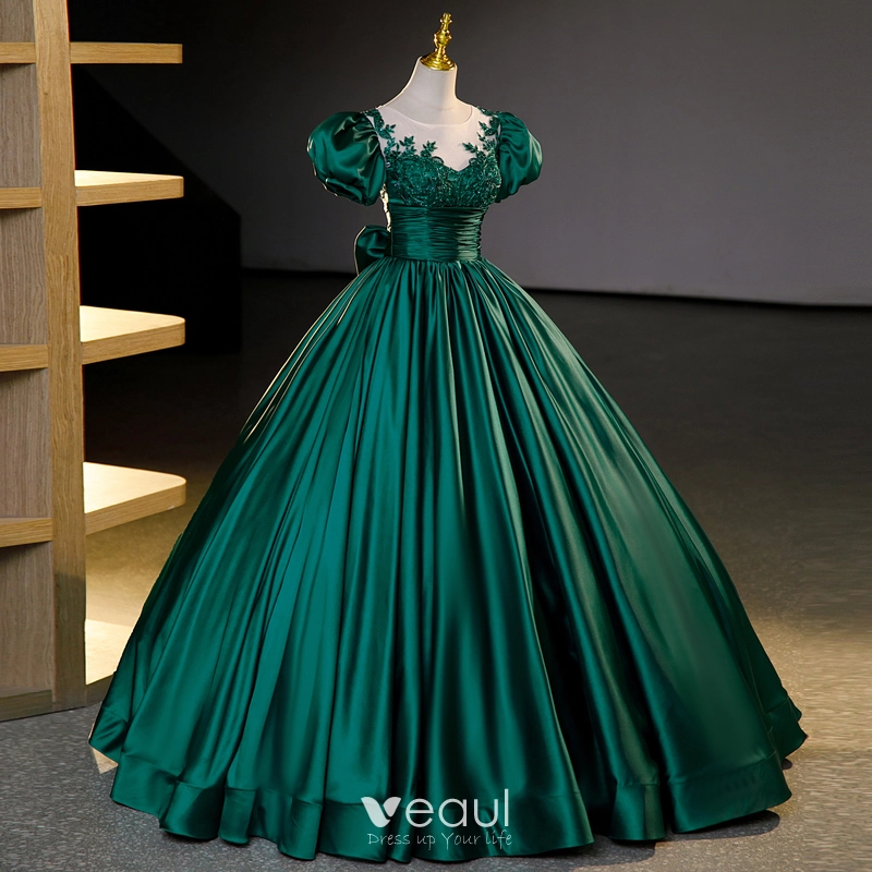 Satin Puffy Sleeve Ball Gown Bow Beading Prom Dress Satin Puffy Sleeve Ball Gown Bow Beading Prom Dress