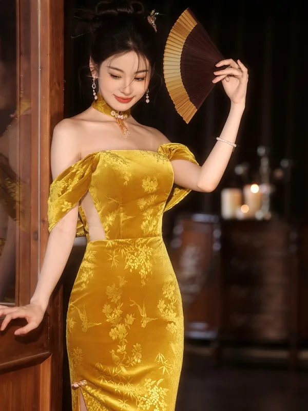 Chinese style Gold Velvet Split Front Prom Dresses 2024 Trumpet / Mermaid Off-The-Shoulder Sleeveless Backless Floor-Length / Long Prom Formal Dresses