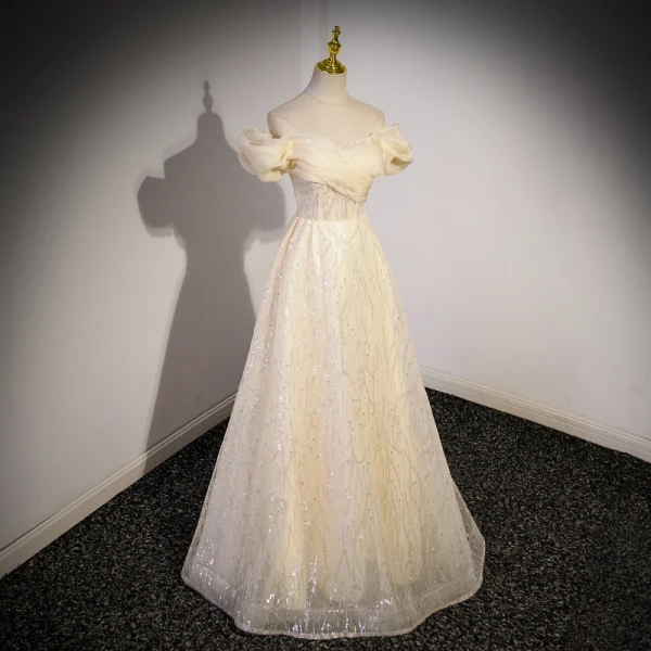 Charmant Bling Bling Champagne Paillettes Robe De Bal 2023 Princesse De l'épaule Manches Courtes Dos Nu Longue Promo Robe De Ceremonie