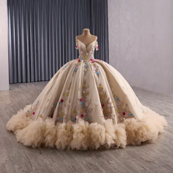Luxe Champagne Fait Main Faux Diamant Appliques Paillettes Robe De Bal 2025 Robe Boule De L Épaule Manches Courtes Dos Nu Tribunal Train Robe De Ceremonie