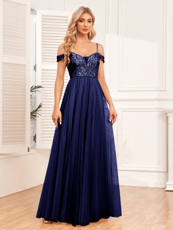 Chic / Belle Doré Paillettes Robe De Soirée 2024 Princesse Bretelles Spaghetti Sans Manches Dos Nu Longue Promo Robe De Ceremonie
