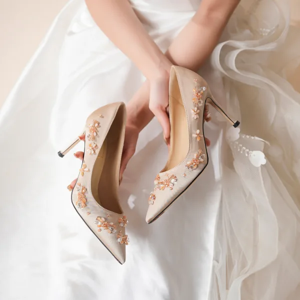 Elegant Champagne Beading Leather Wedding Shoes 2026 8 cm Stiletto Heels Pointed Toe Wedding Pumps High Heels
