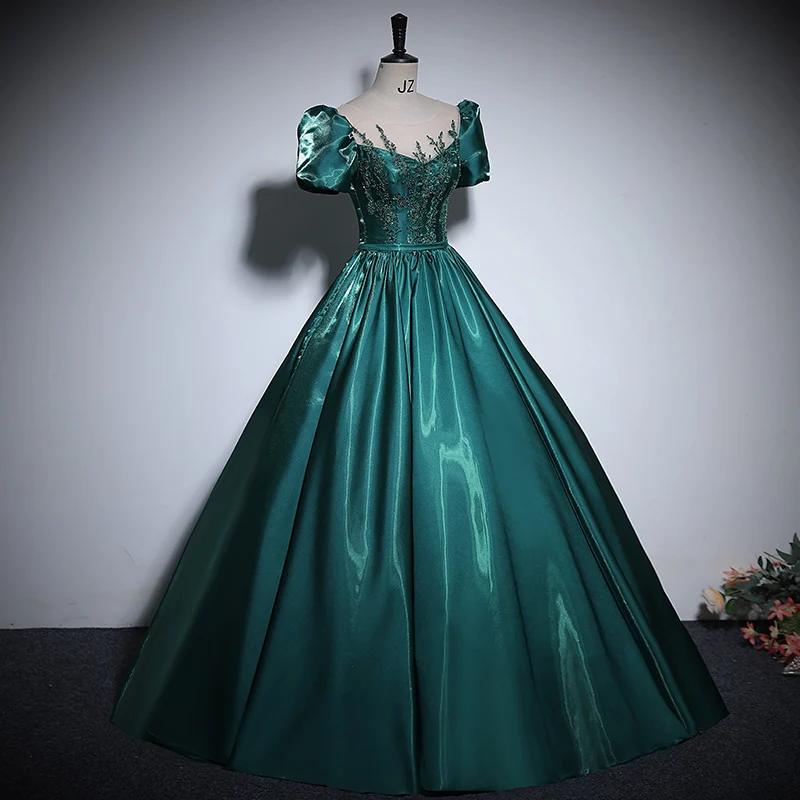 green emerald velvet dress Long Sage Tulle Puffy Sleeves Formal Dress