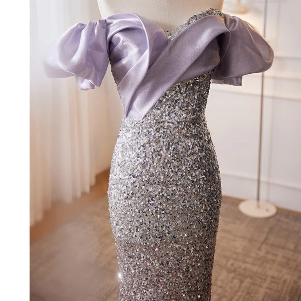 Glitzernden Lavendel Pailletten Abendkleider 2023 Meerjungfrau Off Shoulder Kurze Ärmel Rückenfreies Lange Abend Festliche Kleider