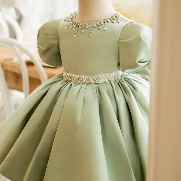 Elegant Sage Green Short Prom Flower Girl Dresses 2022 Ball Gown Scoop Neck Pearl Rhinestone Puffy Short Sleeve Bow Flower Girl Dresses