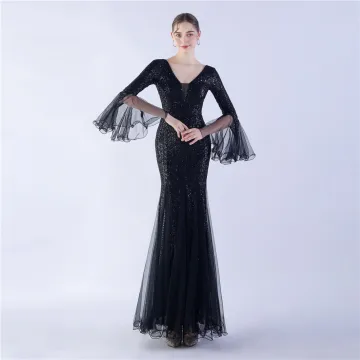 Sparkly Black Sequins Evening Dresses 2024 Trumpet Mermaid V Neck Bell Sleeves Backless Floor Length Long Evening Party Formal Dresses