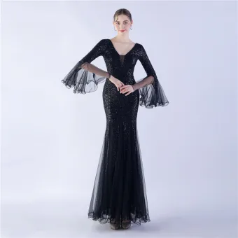 Sparkly Black Sequins Evening Dresses 2024 Trumpet Mermaid V Neck Bell Sleeves Backless Floor Length Long Evening Party Formal Dresses