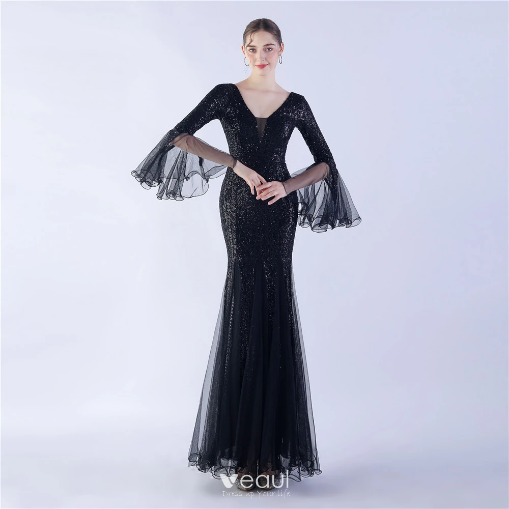 Black Sequin Long Sleeve Trumpet Mermaid Party Dress