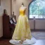 Fashion Yellow Floor-Length / Long Prom Dresses 2024 Ball Gown Spaghetti Straps Sleeveless Backless Prom Formal Dresses