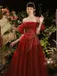 Chic / Beautiful Burgundy Pearl Sequins Prom Dresses 2022 A-Line / Princess Square Neckline Puffy Short Sleeve Floor-Length / Long Prom Formal Dresses