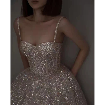 Sparkly Silver Glitter Sequins Prom Dresses 2023 A Line Princess Spaghetti Straps Sleeveless Backless Floor Length Long Prom Formal Dresses