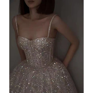 Sparkly Silver Glitter Sequins Prom Dresses 2023 A Line Princess Spaghetti Straps Sleeveless Backless Floor Length Long Prom Formal Dresses