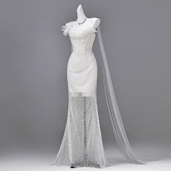 Scintillantes Blanche Perlage Perle Paillettes Robe De Soirée 2026 Trompette / Sirène Bretelles Spaghetti Sans Manches Dos Nu Longue Robe De Ceremonie
