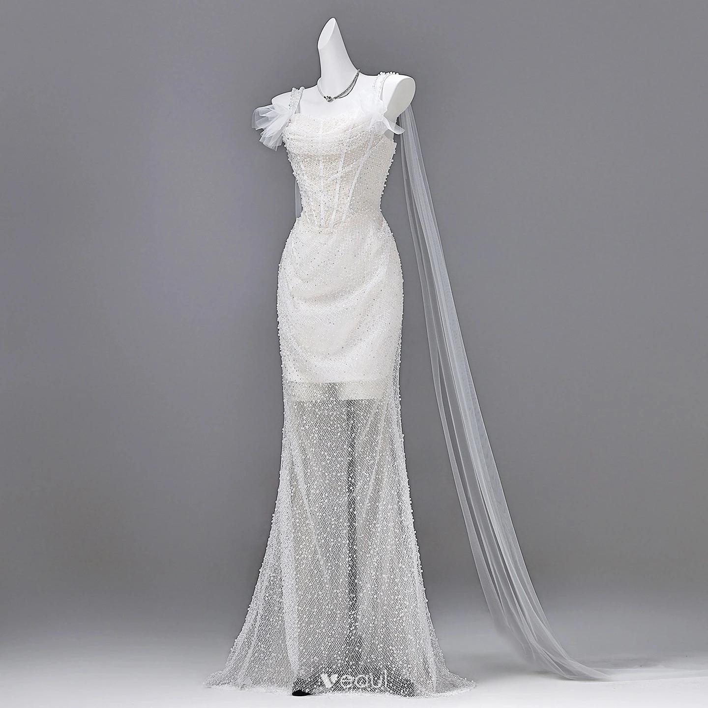 Sparkly White Beading Pearl Sequins Evening Dresses 2026 Trumpet / Mermaid  Spaghetti Straps Sleeveless Backless Floor-Length / Long Formal Dresses