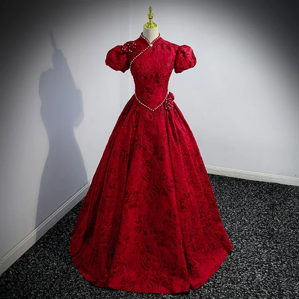 Elegant Burgundy Prom Dresses 2022 Ball Gown High Neck Pearl Lace Flower Short Sleeve Backless Floor-Length / Long Formal Dresses
