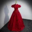 Elegant Burgundy Prom Dresses 2022 Ball Gown High Neck Pearl Lace Flower Short Sleeve Backless Floor-Length / Long Formal Dresses