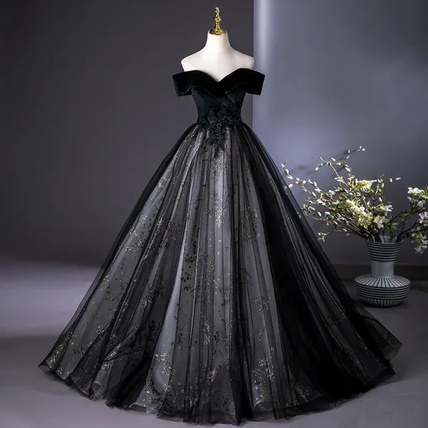 Elegant Black Beading Sequins Lace Flower Prom Dresses 2025 Ball Gown Off-The-Shoulder Short Sleeve Backless Floor-Length / Long Prom Formal Dresses