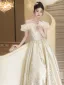 Charming Champagne Glitter Prom Dresses 2025 A-Line / Princess Ruffle Off-The-Shoulder Short Sleeve Backless Floor-Length / Long Formal Dresses