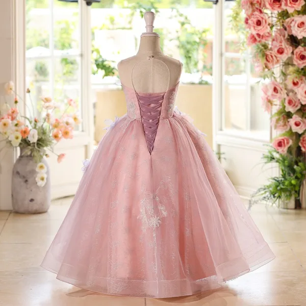 Chic / Beautiful Blushing Pink Appliques Lace Flower Birthday Flower Girl Dresses 2025 Ball Gown Scoop Neck Sleeveless Backless Floor-Length / Long