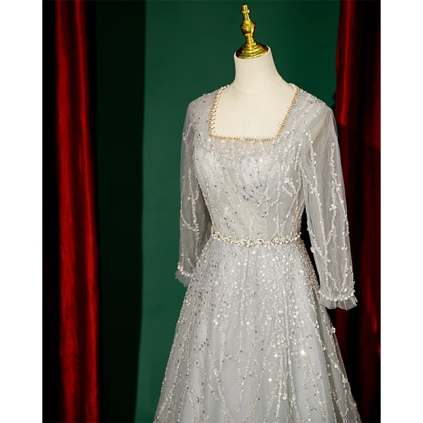Scintillantes Gris Robe De Soirée 2023 Princesse Encolure Carrée Perlage Perle Paillettes 3/4 Manches Longue Soirée Robe De Ceremonie