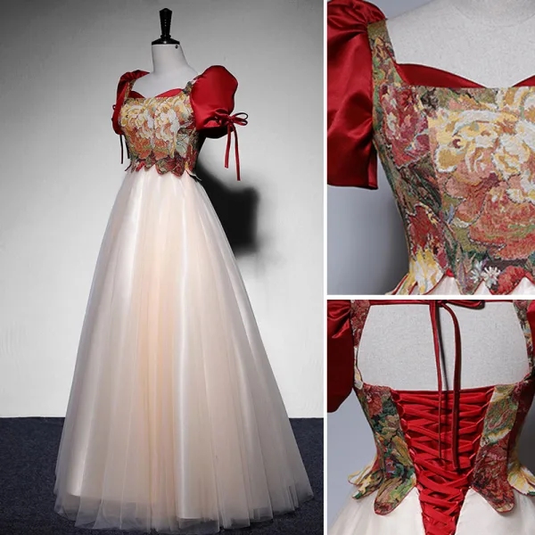 Elegant Burgundy Prom Dresses 2022 A-Line / Princess Square Neckline Puffy Short Sleeve Printing Backless Bow Floor-Length / Long Formal Dresses