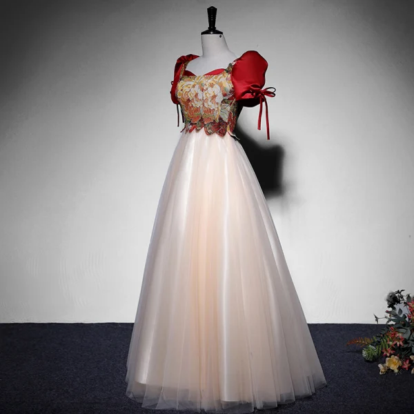 Elegant Burgundy Prom Dresses 2022 A-Line / Princess Square Neckline Puffy Short Sleeve Printing Backless Bow Floor-Length / Long Formal Dresses