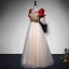 Elegant Burgundy Prom Dresses 2022 A-Line / Princess Square Neckline Puffy Short Sleeve Printing Backless Bow Floor-Length / Long Formal Dresses