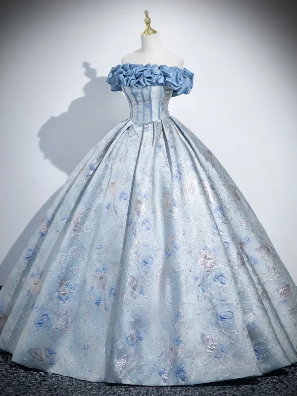 Elegant Sky Blue Printing Prom Dresses 2025 Ball Gown Off-The-Shoulder Short Sleeve Backless Floor-Length / Long Formal Dresses