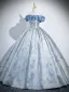 Elegant Sky Blue Printing Prom Dresses 2025 Ball Gown Off-The-Shoulder Short Sleeve Backless Floor-Length / Long Formal Dresses