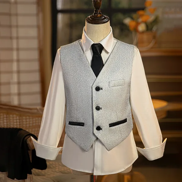 Mode 6 pièces Manches Longues Argenté Costume Garçon Mariage 2025 Bijoux De Corps Manteau Pantalon Chemise Cravate Gilet Mariage