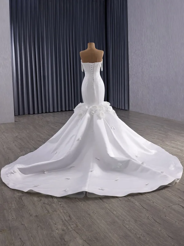 Haut de Gamme Blanche Fait main Appliques Perlage Perle Faux Diamant Corset  Robe De Mariée 2025 Trompette / Sirène Bustier Sans Manches Dos Nu Chapel Train